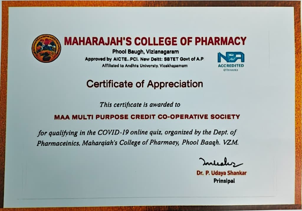 Certificate of Appreciation — COVID-19 Awareness - Maharajah's College of Pharmacy, Vizianagaram (AICTE & NBA Accredited)