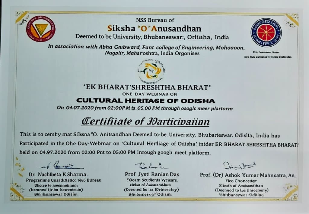 Certificate of Participation — Cultural Heritage of Odisha - NSS Bureau, Siksha 'O' Anusandhan University & AGPCE Nagpur