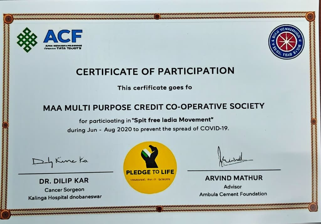 Certificate of Participation — "Spit-free India Movement" - Sambandh Health Foundation (Supported by TATA TRUSTS) & NSS