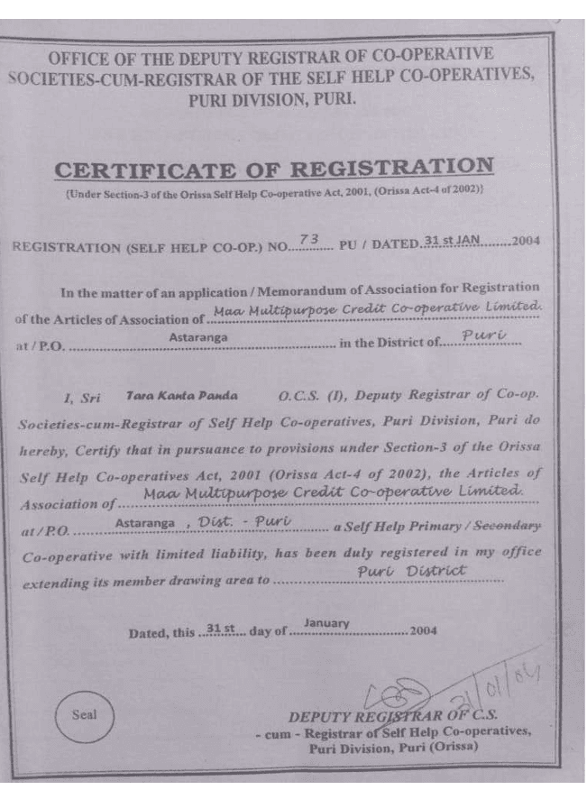 Official Certificate of Registration - MAA MULTIPURPOSE CREDIT CO-OPERATIVE SOCIETY LTD.